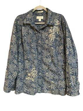 C.J. Banks Button-up Floral Vine Design Embroidered Wheat Long-sleeve Top 2X